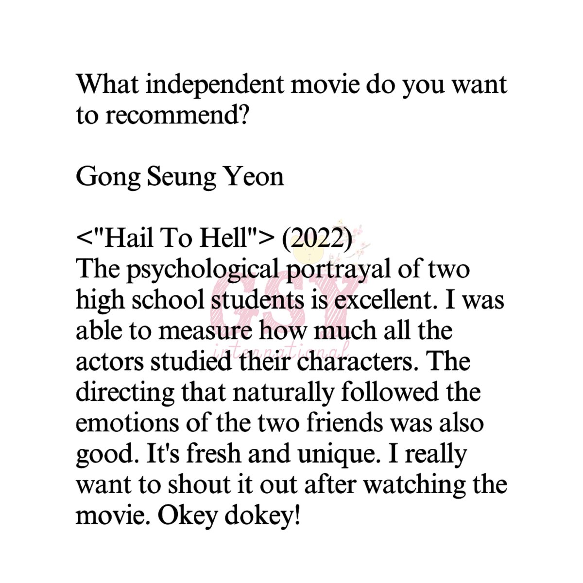 [IG STORY] 240417 cine_21 update What independent movie do you want to recommend? Gong Seung Yeon <'Hail To Hell'> (2022) #JeonjuCineTour #GongSeungYeon #공승연