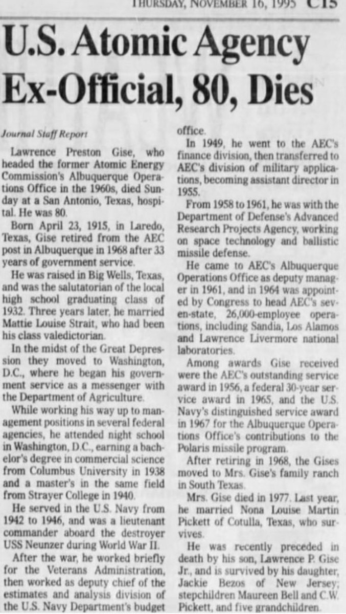 Ok, this is gonna blow your mind: 🤯

Jeff Bezos’ grandfather was a naval officer during WW2 who moved to leadership in the Atomic Energy Commission’s Division of Military Applications, and from there helped found DARPA, working on “space technology and ballistic missile