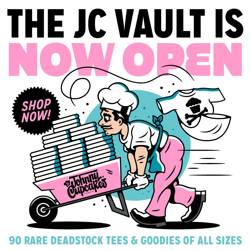 The JC Vault is now open for 24 hours! 90 Rare Deadstock Tees + Goodies of all sizes. Shop: johnnycupcakes.com/collections/all <— Available now for 24 hours or until sold out in profile 🔗. #johnnycupcakes #bostonma #backbay #graphicdesign #pastrychef #culinaryarts