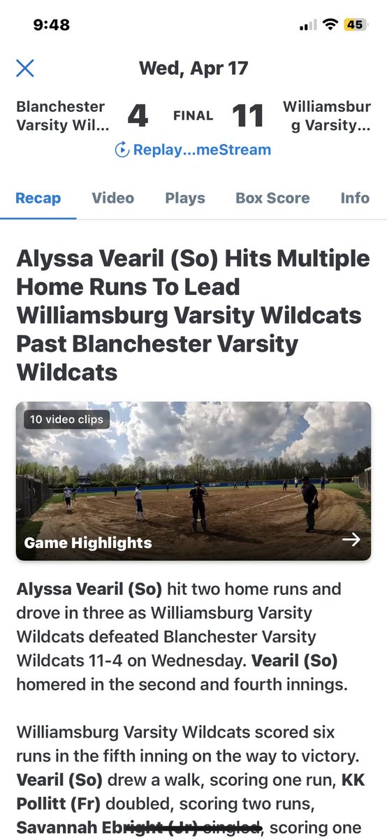alyssa_vearil's tweet photo. What a great game today in this beautiful weather! I hit two homers today along with my teammate @k_pollitt2008 who hit one over too! I also pitched against Blanchester with 8k’s. My team and I had a great win tonight! @HawksOHEmswiler @_stanley66 @NKUSBCoachG @DloweOilerkid https://t.co/0YqZlryq71