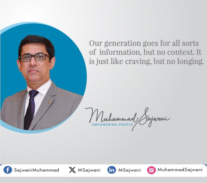 We must always bear in the mind the great saying of Albert Einstein that reads: “Information is not knowledge.”

#attention #span #short #diminishing #digital #distraction #information 
 
#muhamamdsajwani
#EvolveHR
#EmpowerPeople
#HRconsultant