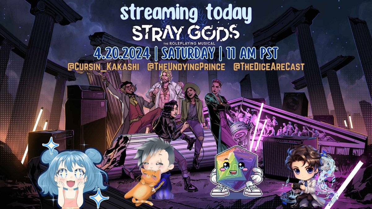 Save your seats & ready your popcorn! Time to unravel the mystery & drama in this beautiful roleplaying musical, #StrayGods!

I am graciously accompanied by @Cursin_Kakashi @/TheUndyingPrince @/TheDiceAreCast!

Curtains rise at 11 AM PST!
twitch.tv/cozywithjoy
#TwitchStreamers