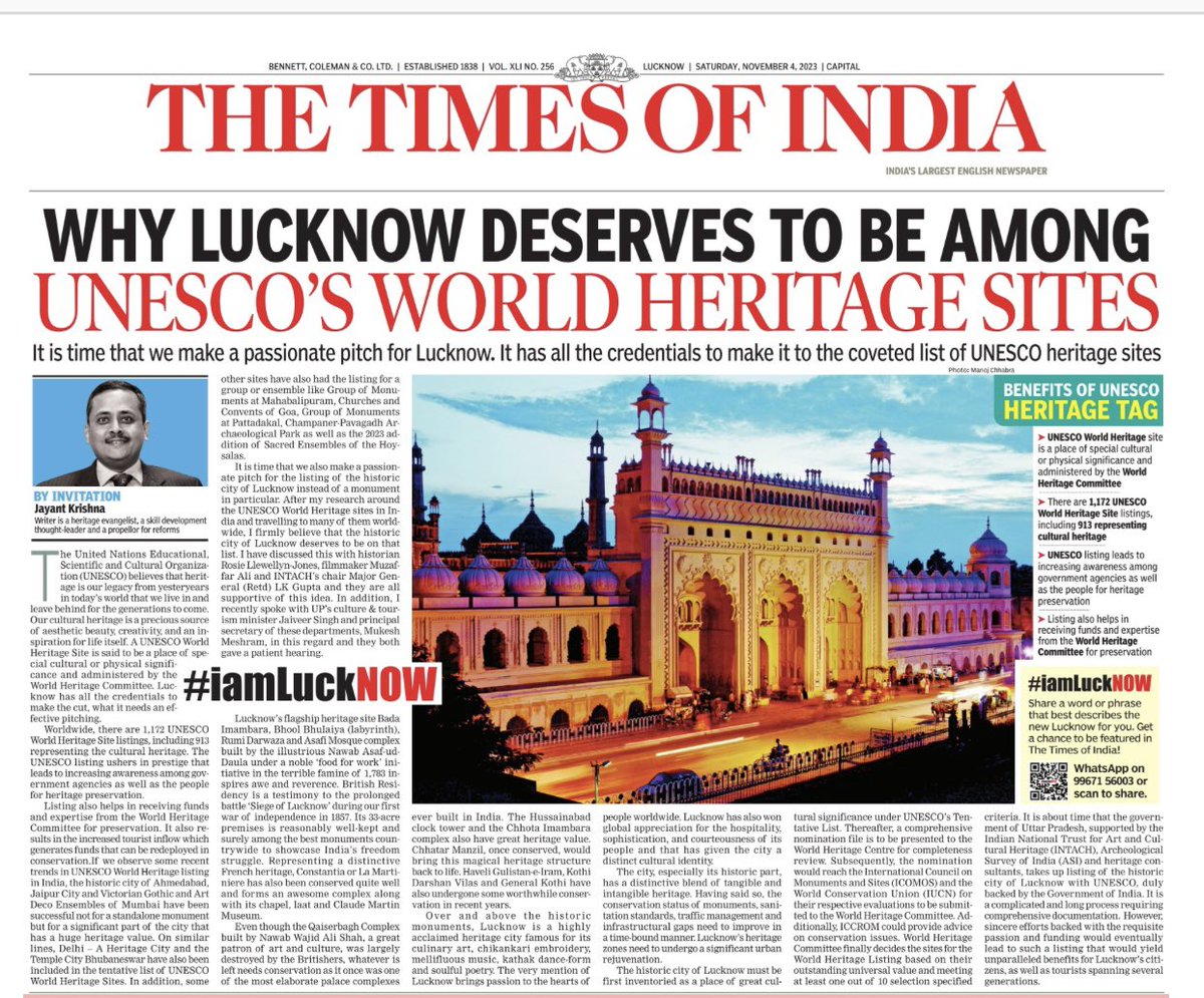 On #WorldHeritageDay I share a case for listing of Historic City of #Lucknow as @UNESCO World Heritage Site as I recently wrote in @TOIIndiaNews timesofindia.indiatimes.com/city/lucknow/w… @MukeshMeshram @rajnathsingh @pra0902 @TOILucknow @uptourismgov @myogiadityanath @jaiveersingh099 @narendramodi