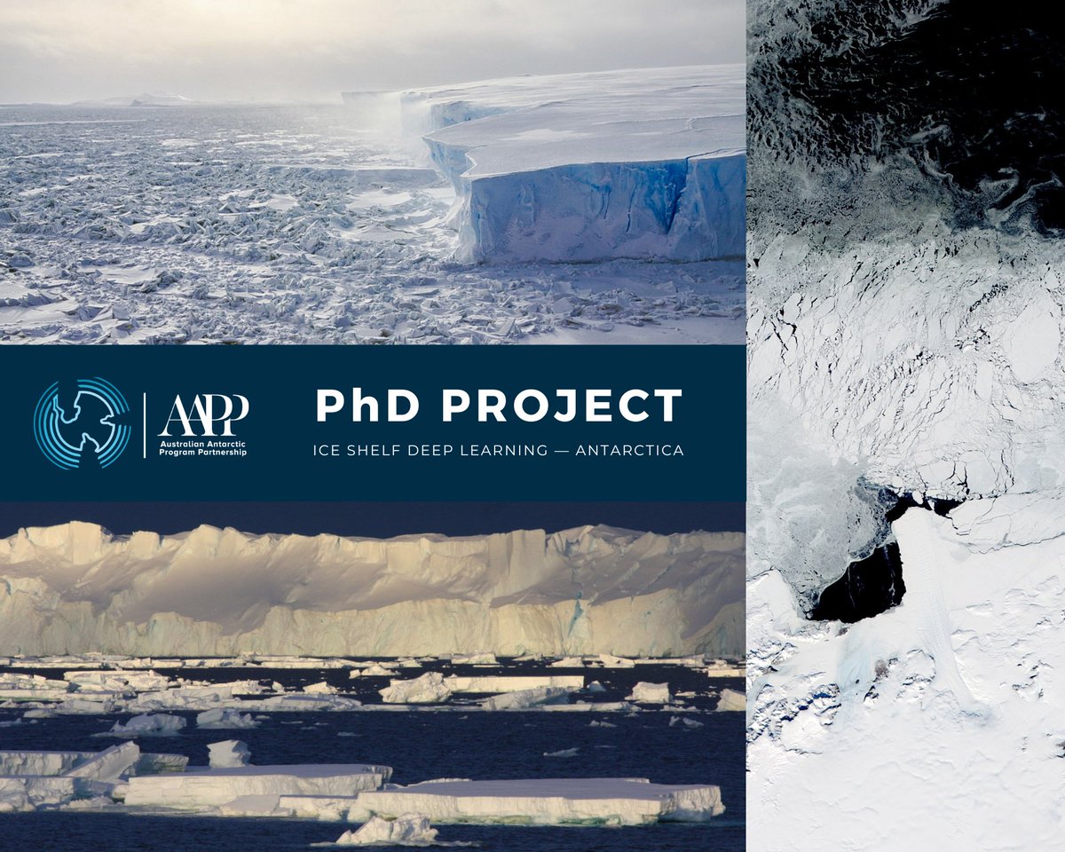 ‼️ #PhD project on ICE SHELF DEEP LEARNING 
Use machine learning to understand how ice shelves in #Antarctica behave and interact with the ocean and climate, with AAPP <a href="/IMASUTAS/">IMAS</a> <a href="/UTAS_/">University of Tasmania</a> in Hobart.   
Apply now! utas.edu.au/research/degre… 
𝗖𝗹𝗼𝘀𝗶𝗻𝗴 𝗱𝗮𝘁𝗲 𝟭 𝗝𝘂𝗻𝗲 𝟮𝟬𝟮𝟰