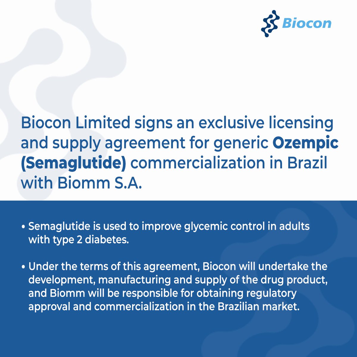 #Press: Biocon Limited signs an exclusive licensing & supply agreement for generic Ozempic (Semaglutide) commercialization in Brazil with Biomm S.A., a specialty pharmaceutical company in Brazil.

@sidmittal, CEO & MD, Biocon Ltd, said, “Our partnership with Biomm marks another…