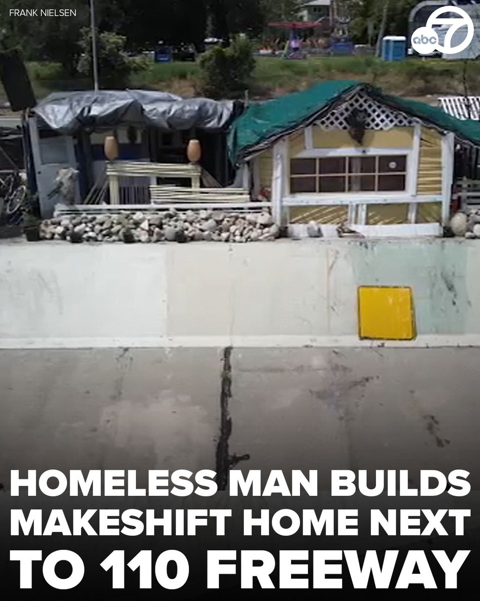 ABC7's tweet photo. A homeless man built an entire home along the Arroyo Seco next to the 110 Freeway near Highland Park. Another man who also lives in the community said the makeshift home has lights, a stove, and a refrigerator for food. @ABC7Shayla shares more: https://t.co/MfoHA3UUCb https://t.co/rDkBg54lPl