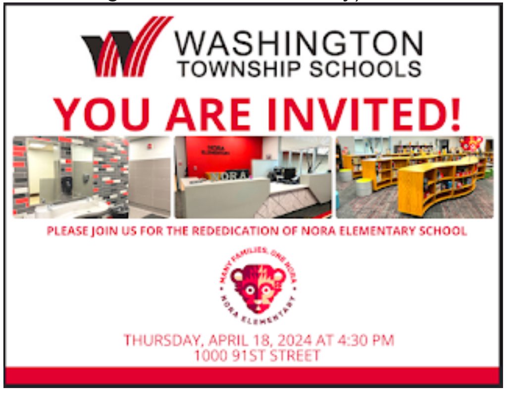 Join us tomorrow, 4/18 at 4:30pm for the Rededication of Nora Elementary! We will have a ribbon cutting ceremony and open house to follow for families and community members to check out our newly renovated spaces. We hope you can be a part of this event! 🐾 @msdwt