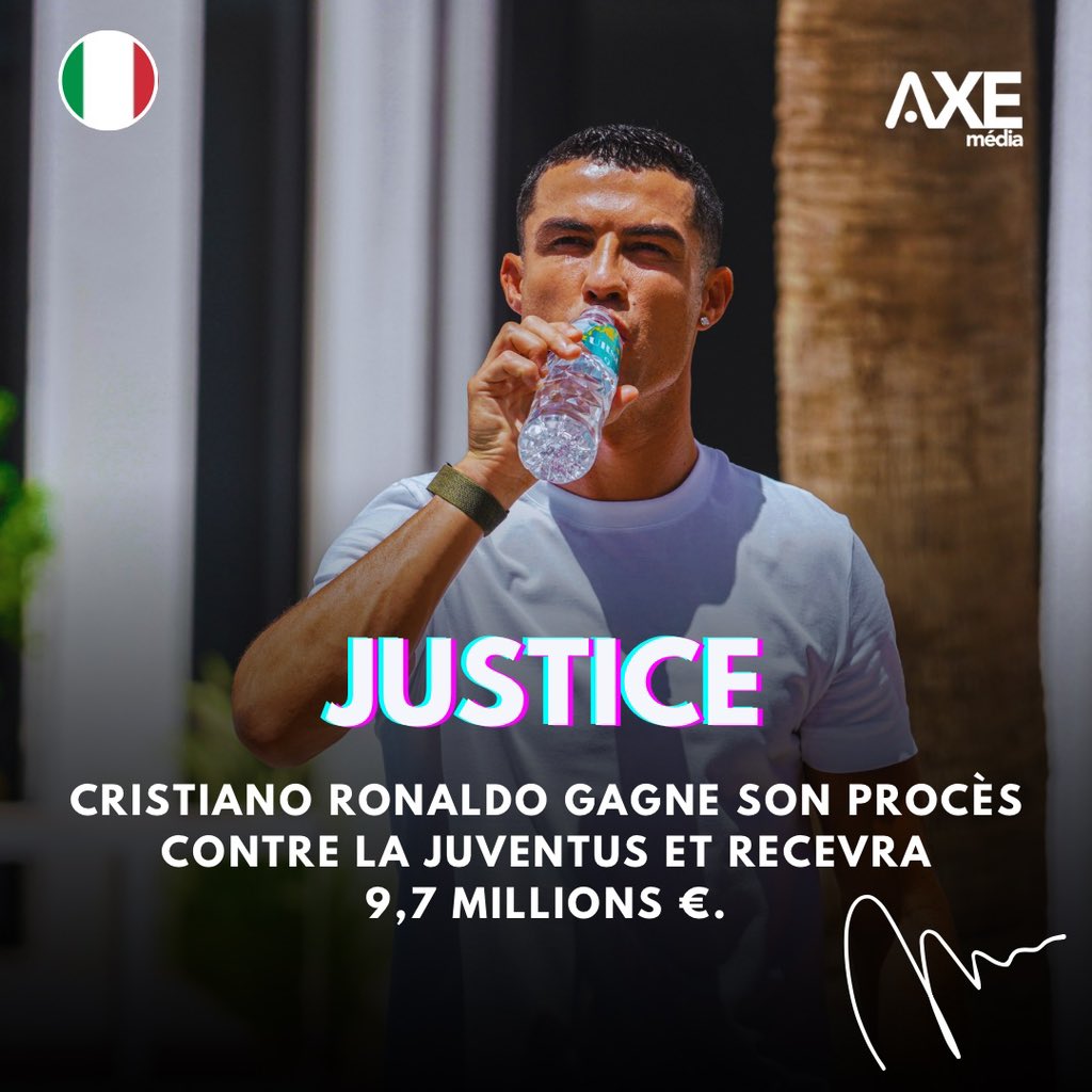 Cristiano Ronaldo gagne son procès contre la Juventus et recevra 9,7 millions €. Cette somme est une indemnisation relative aux salaires qui n'ont pas été versés au joueur pendant la pandémie de Covid-19. #AXEmedia ⚖️