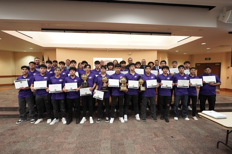 SocorroISD's tweet photo. Trustees honored the Eastlake HS varsity boys’ soccer team for their outstanding performance this season. They have won their fourth consecutive 6A district championship, which marks their 10th district championship in the last 12 years of varsity play. Well done, Falcons! https://t.co/2CP2XHe2ri