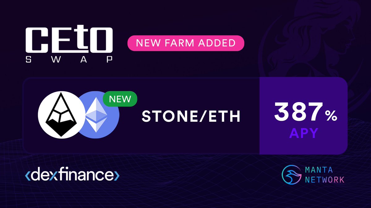 Ceto Swap (@cetoswapmanta) on Twitter photo ๐ Our new $STONE farm is live!
๐ง Get the most out of <a href="/MantaNetwork/">Manta Network (๐ฑ,๐ฑ)</a> by joining our DEX
#ETH #MantaNetwork
๐๐๐
linktr.ee/cetoswap ๐ Our new $STONE farm is live!
๐ง Get the most out of <a href="/MantaNetwork/">Manta Network (๐ฑ,๐ฑ)</a> by joining our DEX
#ETH #MantaNetwork
๐๐๐
linktr.ee/cetoswap