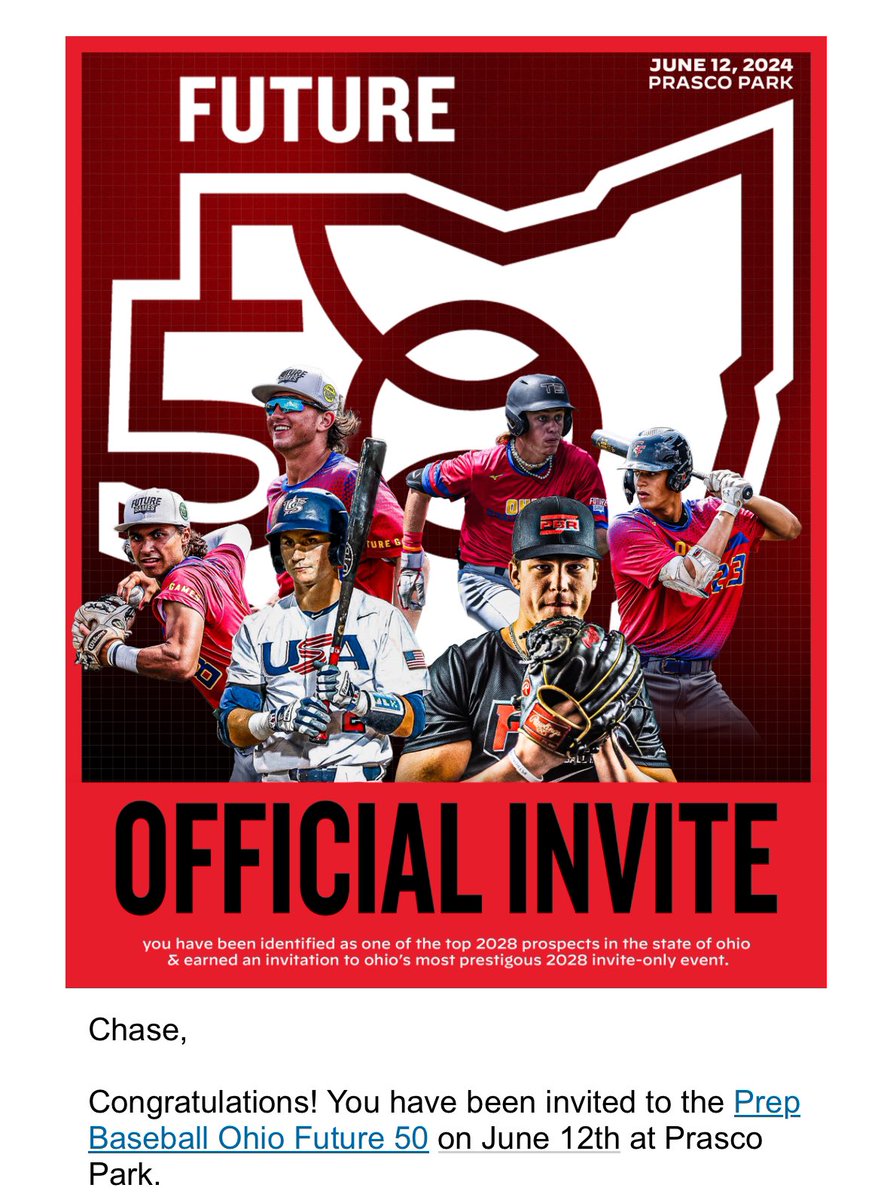 Thank you to <a href="/PrepBaseballOH/">Prep Baseball Ohio</a> and <a href="/weldyprep/">Kyle Weldon</a> for my invite to the Future 50.  Excited to compete against the best in the state! <a href="/IVLBaseball/">IVL Baseball</a> <a href="/IVL_Ventura/">John Ventura</a> <a href="/PaduaBruinBB/">Padua Bruins Baseball</a> 🐻