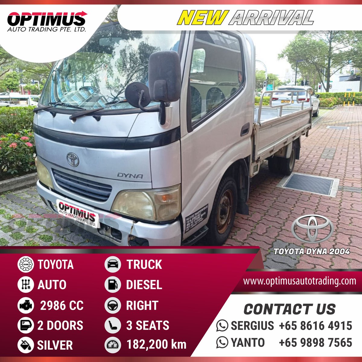 OptimusATSG's tweet image. Looking for a dependable workhorse? Check out this Toyota Dyna 2004! Perfect for businesses or personal use. Inbox for more info!
𝑪𝒐𝒏𝒕𝒂𝒄𝒕 𝒖𝒔 𝒏𝒐𝒘
+65 8616 4915 (Sergius) or wa.link/04q2i5 ​
#Toyota #TruckForSale #cheapcar #exportcars #mazda #optimusautotrading