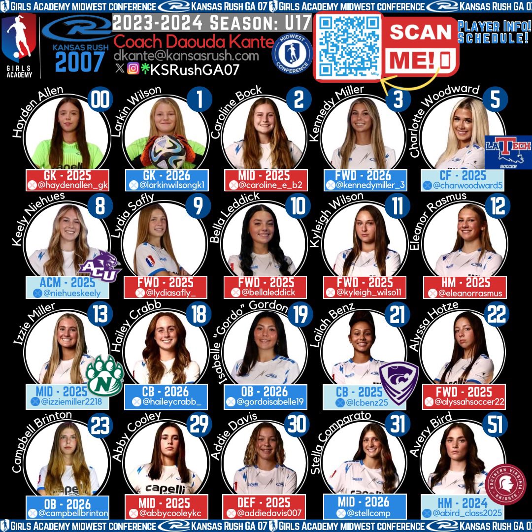 imwomenssoccer's tweet photo. Another Updated Player Sheet! 🫶 Check 🔗 for full player info 💪🏻
https://t.co/7t228lYqZZ

Coaches check out our amazing available 2025s ⬇️
🧤 @HaydenAllen_GK Keeper
⚽️ @AddieDavis007 DEF
⚽️ @AbbyCooleyKC DM
⚽️ @Caroline_e_b2 MID
⚽️ @EleanorRasmus HM
⚽️ @lydiasafly_ AM/FWD
⚽️ @bellaleddick FWD
⚽️ @kyleigh_wilso11 Wing
⚽️ @AlyssaHsoccer22 Wing

🔜Coming Soon 2026s⬇️
🧤 @LarkinWilsonGK1 Keeper
⚽️ @haileycrabb_ CB
⚽️ @GordoIsabelle19 OB
⚽️ @CampbellBrinton OB
⚽️ @stellcomp MID
⚽️ @KennedyMiller_3 FWD

@KSRGirlsAcademy @KS_RushSoccer @RushSoccer @GAcademyLeague @ImYouthSoccer @ImCollegeSoccer