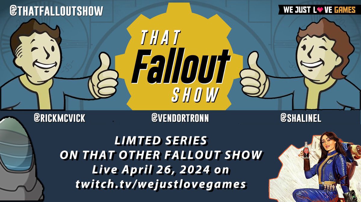 ThatFalloutShow's tweet photo. Hello lovely listeners! It’s been a while, but soon you can tune your pip-boys in to the sultry tones of Rick, Shaline and Vendortron as we dive into each episode of That *Other* Fallout Show!  @Fallout @falloutonprime #ThatFalloutShow https://t.co/35e3ukzSL1