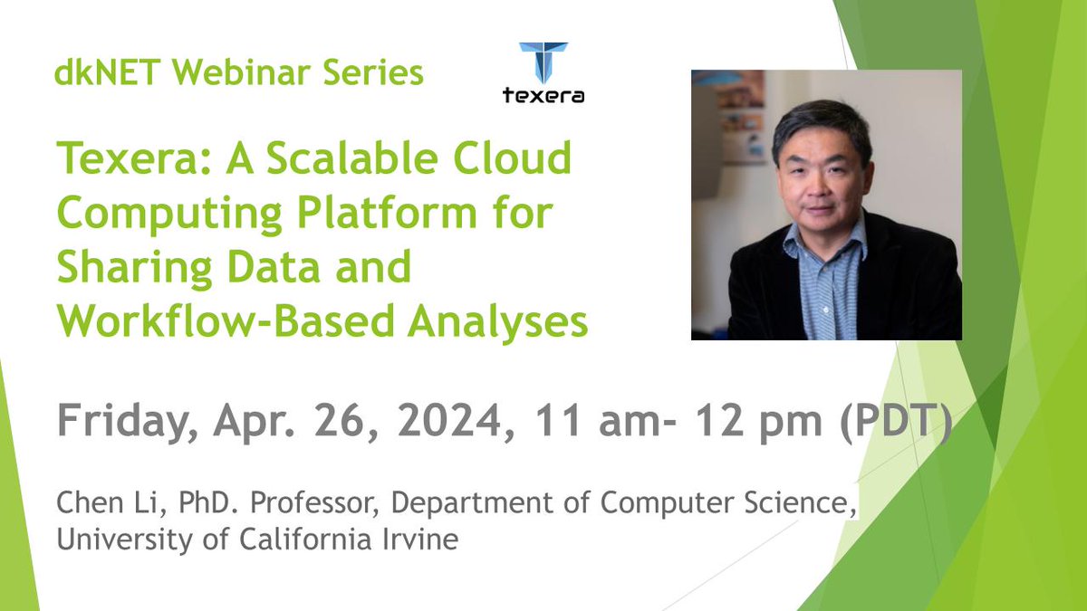 dkNET_Info's tweet photo. Mark your calendar! Join us on Friday, April 26, 2024, from 11 am - 12 pm PT for the #dkNET webinar "Texera: A Scalable #CloudComputing Platform for #SharingData and Workflow-Based Analyses"!  
Presenter: Dr. Chen Li @chenlica
Link: https://t.co/8i8ZsVDxP2
#AI #ML #Bioinformatics https://t.co/Vtv3jLmsnY