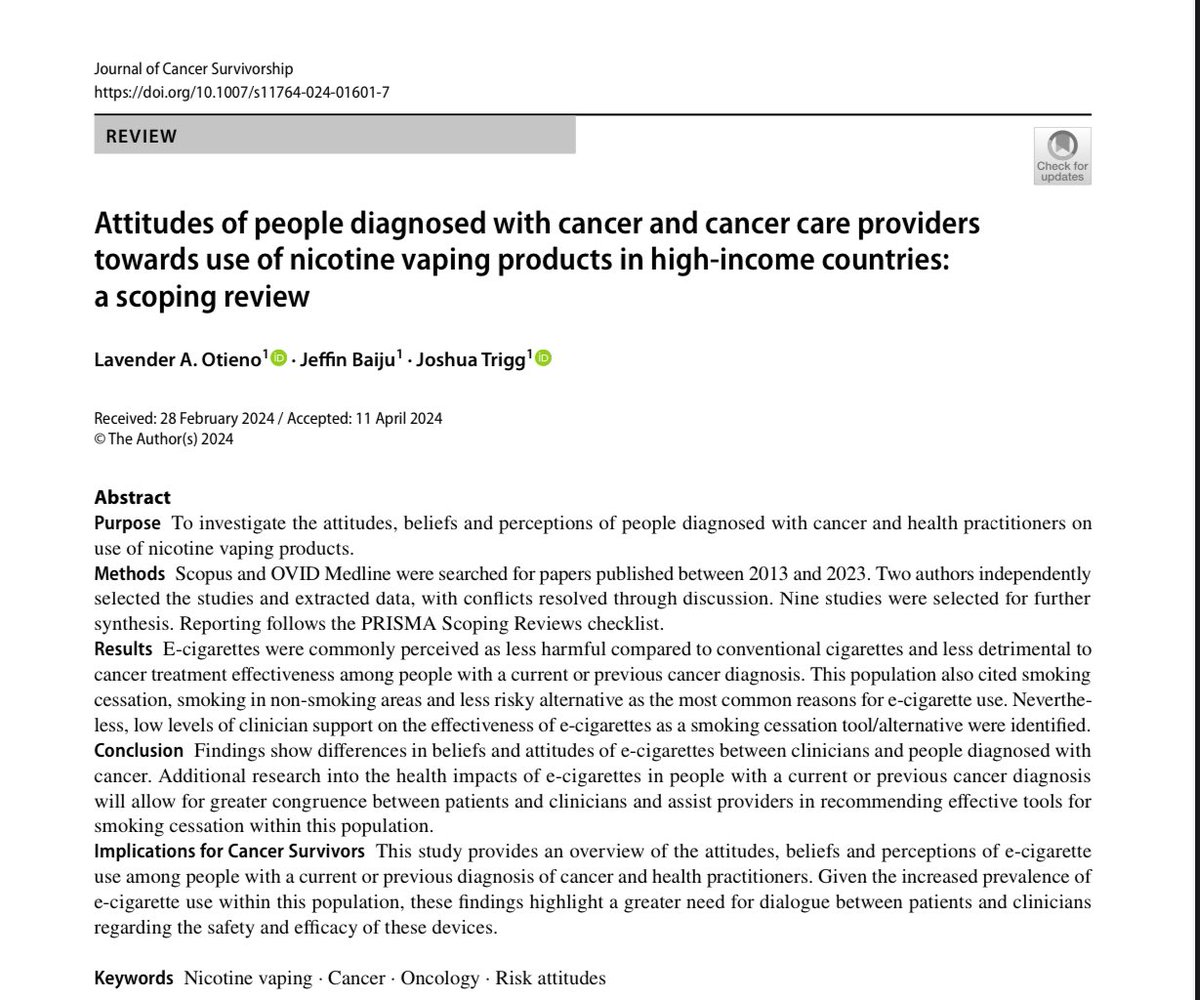 🚨New pub alert ‼️How do individuals diagnosed with cancer perceive nicotine vaping products? Let’s chat! Excited for my first PH review in @jcansurv with @JoshLTrigg and our fantastic MPH student Jeffin Baiju. @FlindersHMRI @CREtobacco @Flinders doi.org/10.1007/s11764…