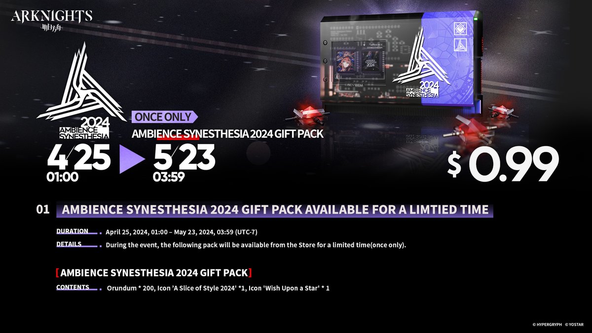 Dear Doctor, the Ambience Synesthesia 2024 Gift Pack will be available at the Store on April 25, 01:00 (UTC-7), contents include: Ambience Synesthesia Icon * 2 Orundum * 200 #Arknights #Yostar