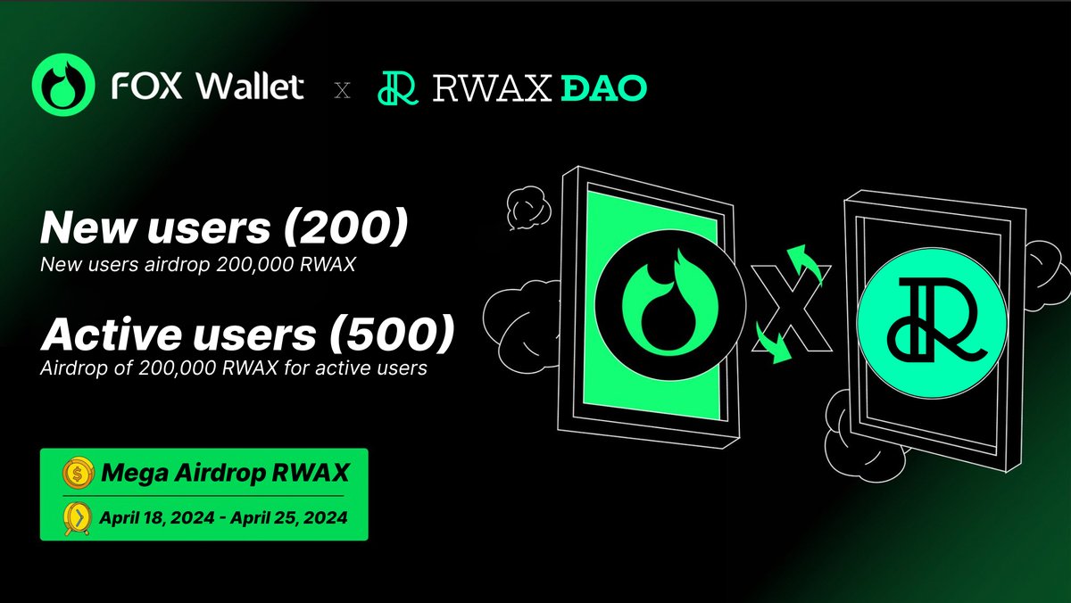 FoxWallet's tweet photo. 🥳@FoxWallet partners with @RWAXDAO - DAO dedicated to the decentralized #RWA ecosystem for a big Airdrop to all #FoxWalleters.🚀

To join:
🙌Follow @RWAXDAO and @FoxWallet; like & rt.

- First 500 who download FoxWallet will get 200,000 $RWAX
- Top 200 active users will get 200,000 $RWAX
- Drop your #FoxWallet Erc20 address below from April 18-25 for 50,000 $RWAX per address!🤑

📣After the event, head to https://t.co/ojZJHShHrc to claim your rewards. Don't miss out!🌟