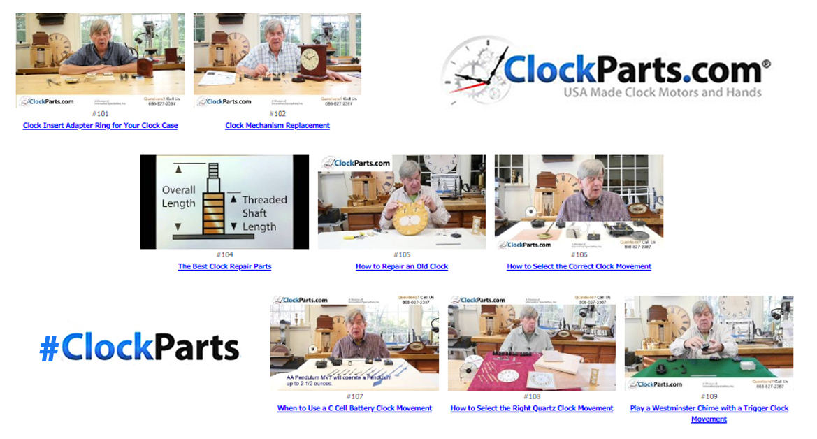 ClockPartsCom's tweet image. Build, repair, and customize your #clocks with helpful video guides from ClockParts.com! Learn how to replace a clock mechanism, repair an old clock, or select the right quartz #ClockMotor. clockparts.com/videos #ClockParts #ClockBuilding