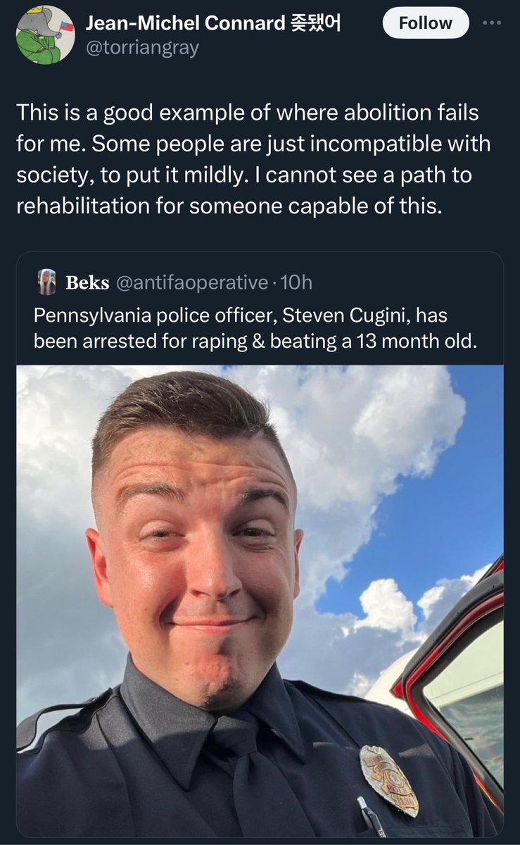 the fact that a child rapist was able to patrol public streets with a gun makes a pretty strong case for abolition imo