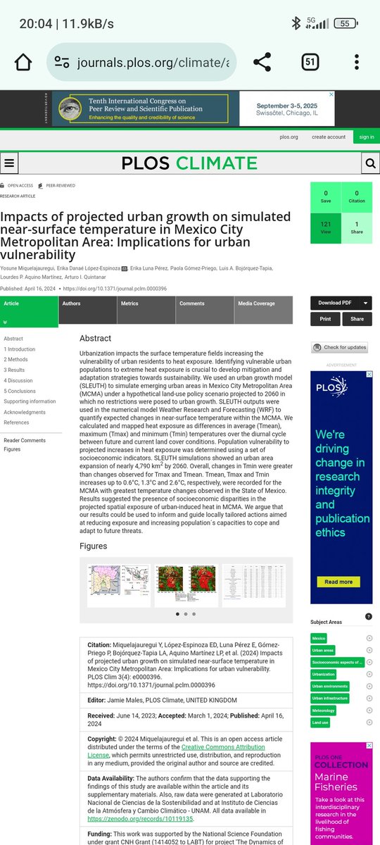 "📢Nuevo artículo📢" 
Impacts of projected urban growth on simulated near-surface temperature in Mexico City Metropolitan Area: Implications for urban vulnerability
 Miquelajauregui,LópezE,LunaP,GómezP, BojórquezT,AquinoM,Quintanar <a href="/ICAyCC_UNAM/">Inst de Ciencias de la Atmósfera y Cambio Climátic</a> <a href="/UNAM_MX/">UNAM</a> journals.plos.org/climate/articl…