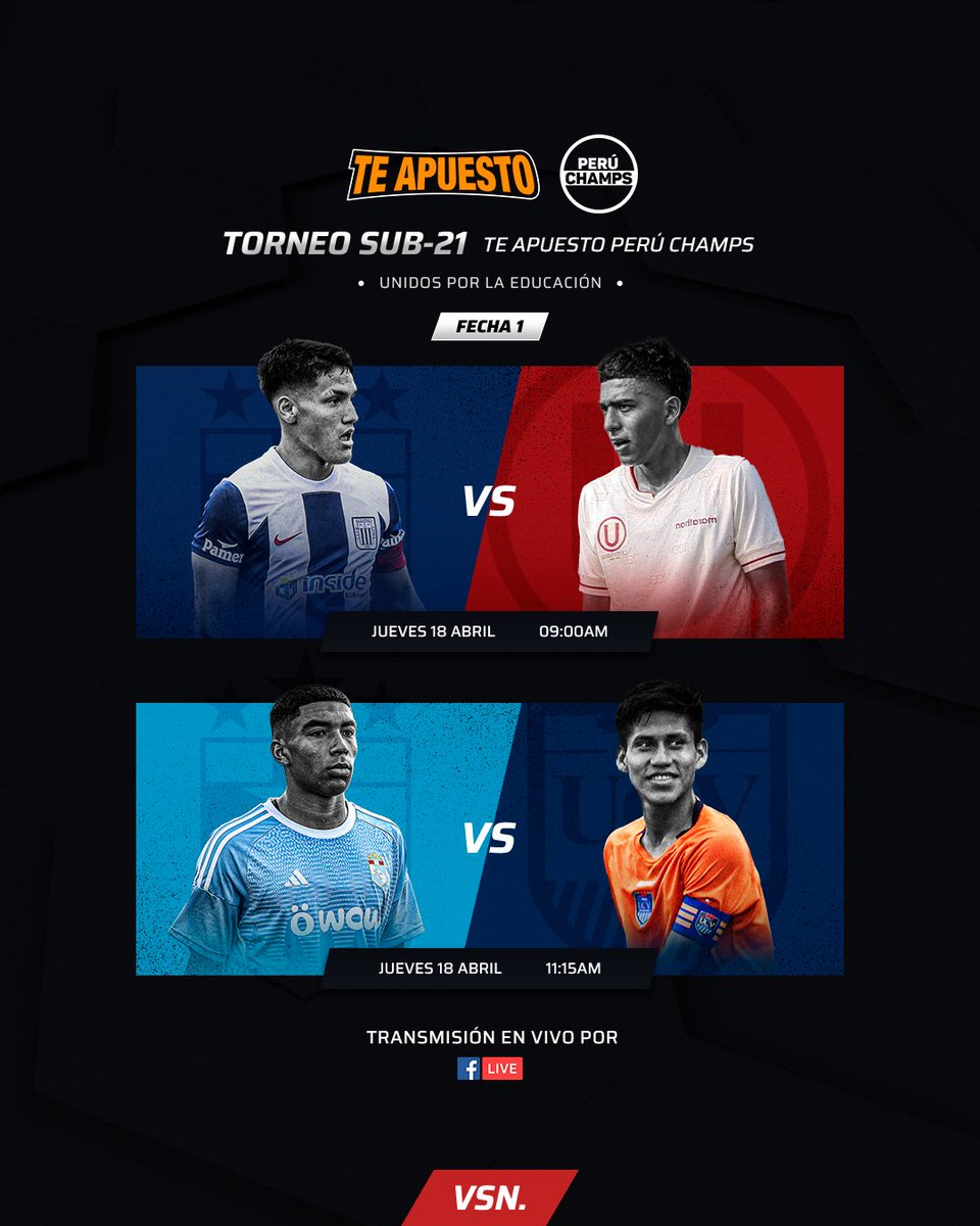 ¡COMIENZA EL SUEÑO! 🏆⚽

Mañana arranca una nueva edición del Torneo Sub-21 Te Apuesto Perú Champs🏆y lo vivirás en vivo por el Facebook de VSN.

🔥Una vez más Alianza Lima 🔵 y Universitario ⚪ de Deportes darán el puntapié inicial en una nueva edición del "Superclásico de