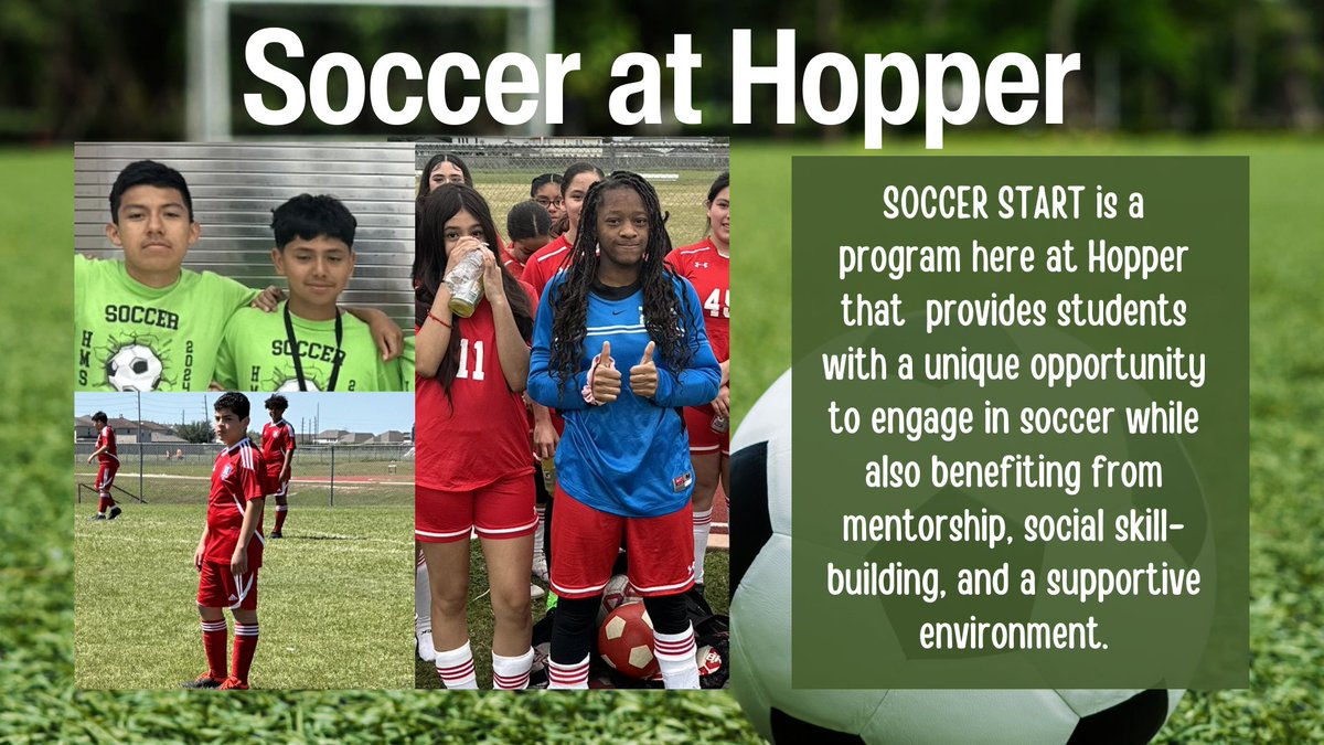 Soccer Start is a non-UIL based academic soccer program at Hopper that provides students with the opportunity to participate in soccer, access positive role models, build social and life skills, and take pride in their performance. #ShareAHoppertunity