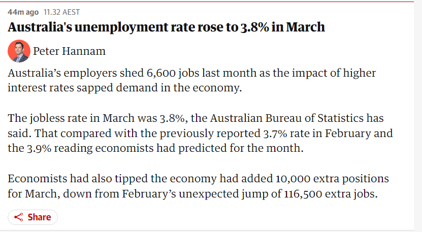 To the newly unemployed, you don't deserves poverty Australia's unemployment rate rose to 3.8% in March Australia’s employers shed 6,600 jobs last month as the impact of higher interest rates sapped demand in the economy. #NobodyDeservesPoverty theguardian.com/australia-news…