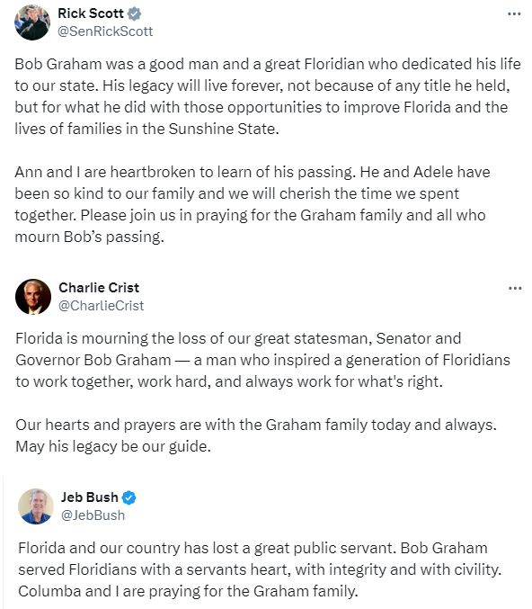 At a time of political divide in America, former Gov/Sen Bob Graham was proof that politics doesn’t have to be mean.@GovRonDesantis and 4 former GOP Florida governors <a href="/SenRickScott/">Rick Scott</a> <a href="/CharlieCrist/">Charlie Crist</a> <a href="/JebBush/">Jeb Bush</a> &amp; Bob Martinez lauded the FL Dem. wtsp.com/video/news/reg…