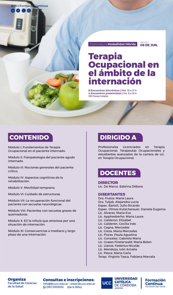 Invitamos a esta propuesta de formación que se dicta en la UCC. Los encuentros presenciales cuentan con observaciones en la UCI de la Reina Fabiola y la Clínica Rita Bianchi de Tanti.
Los encuentros virtuales son sincrónicos con un equipo docente de amplia experiencia en el área.