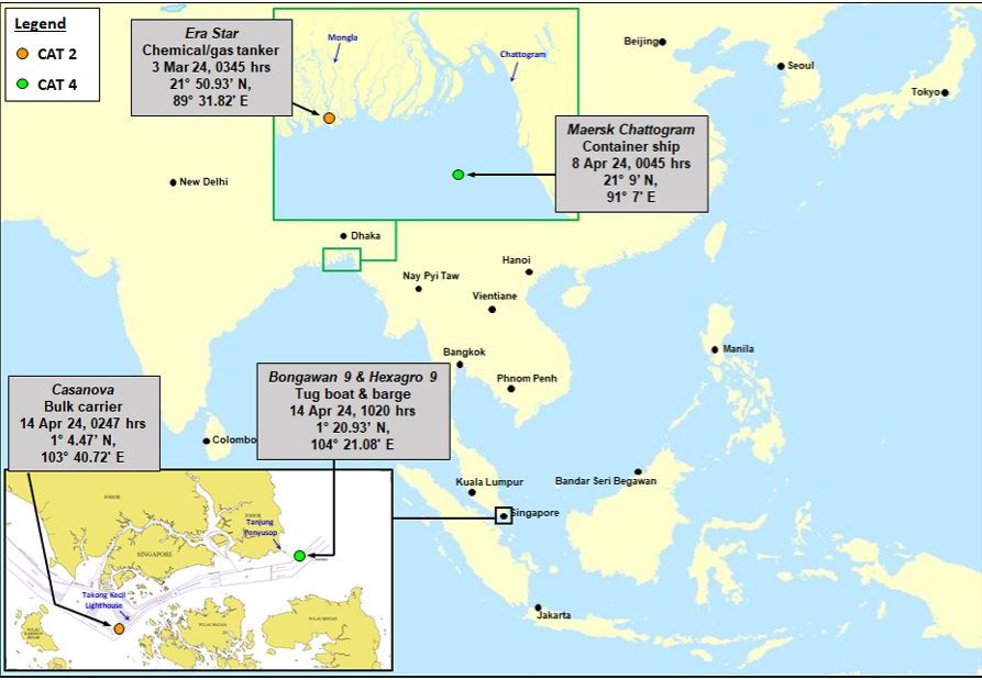 From 9-16 April, four incidents of armed robbery against ships in Asia were reported to ReCAAP ISC. The CAT 2 incidents occurred on board a chemical/gas tanker while anchored at Hiron Pilot Station, Mongla, Bangladesh and a bulk carrier while underway in the Straits of Malacca…