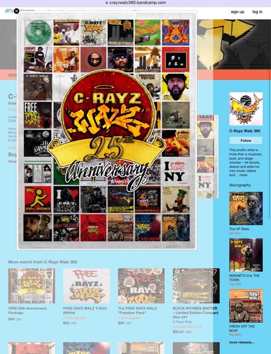 Entire C-Rayz Walz Digital Discography Available for $83
FREE Poster with Purchase🔆
Leave Shipping Address in #Bandcamp Messages 📦
#CRW25thAnn #SunCycle360IsTheLightSource