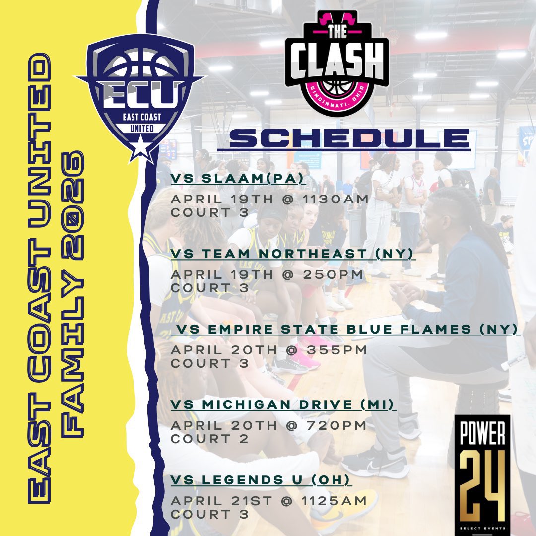 Here is my schedule for this weekend at The Clash in Hamilton, OH. We are going to be a fun group to watch this season so don’t miss it! @ECunitedbball @CoachCoreyECU @SelectEventsBB