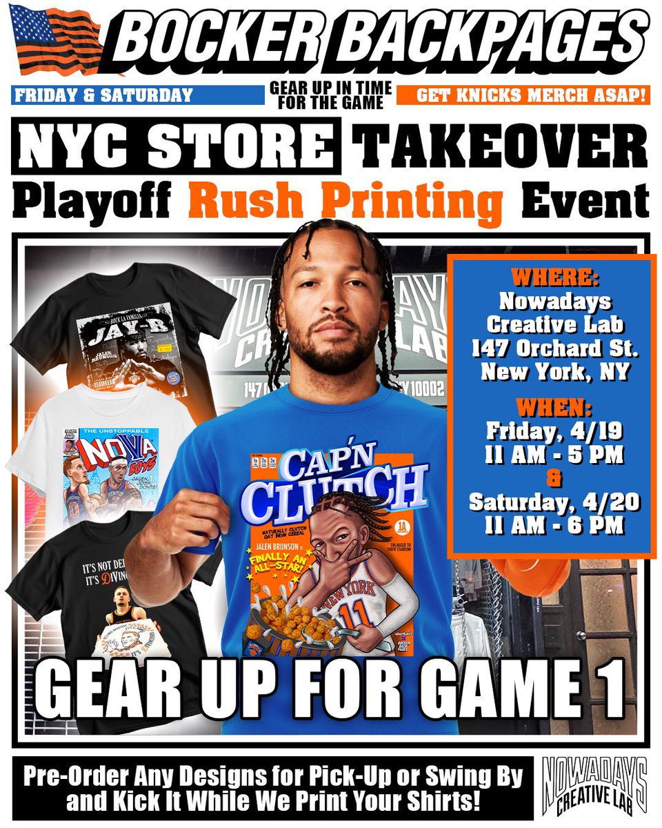 This Friday and Saturday we’ll be taking over Nowadays Creative Lab in NYC for an in-store playoff rush printing event! Comment below or DM for info on how to place a pre-order for pickup and get it in time for Game 1 👊👕🏃‍♂️