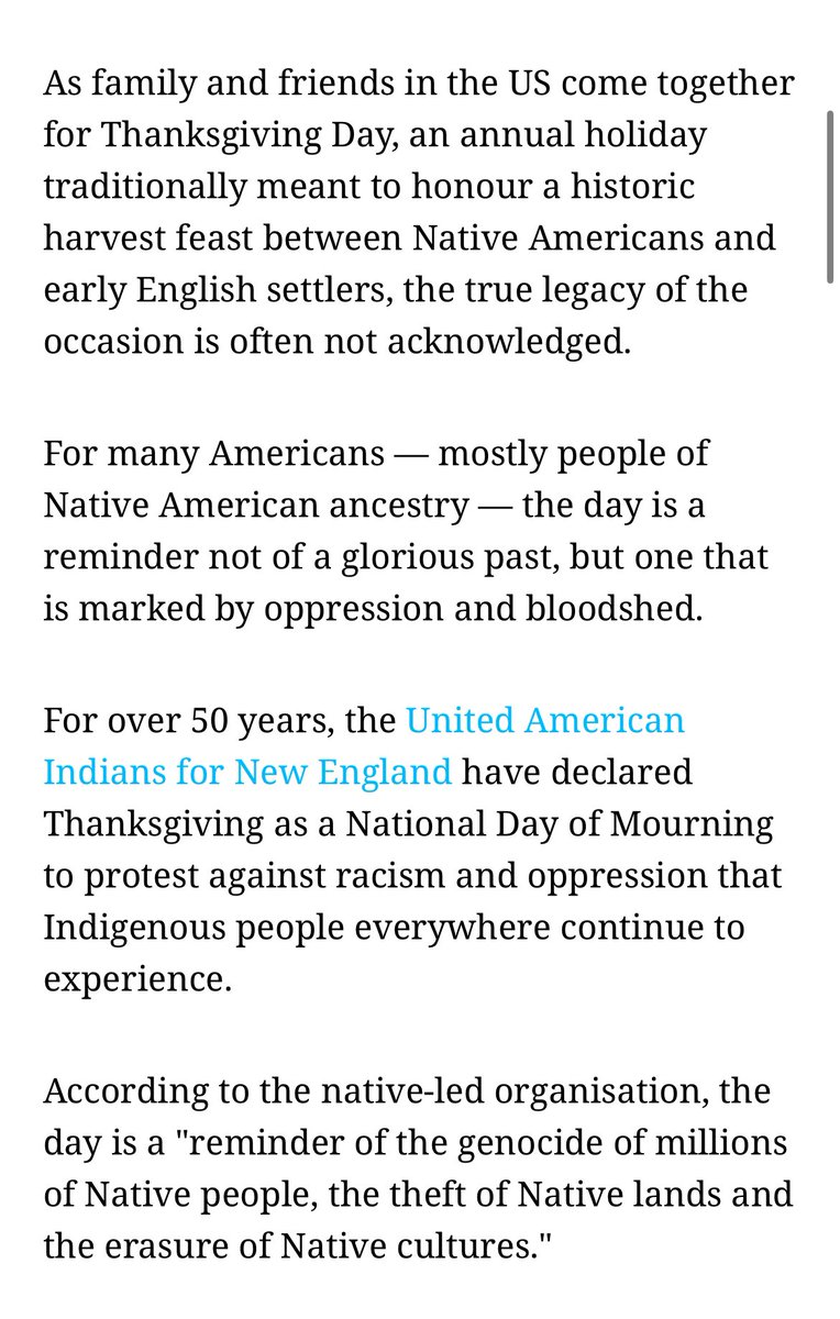 pilgrimchic's tweet photo. The true history of Thanksgiving Day is actually very gruesome and sad.

First Nations and Indigenous communities in the US and Canada observe ‘Thanksgiving’ as a national day of mourning to protest against racism and oppression of their ancestors and their communities to date. https://t.co/ZUFpOuwaH4