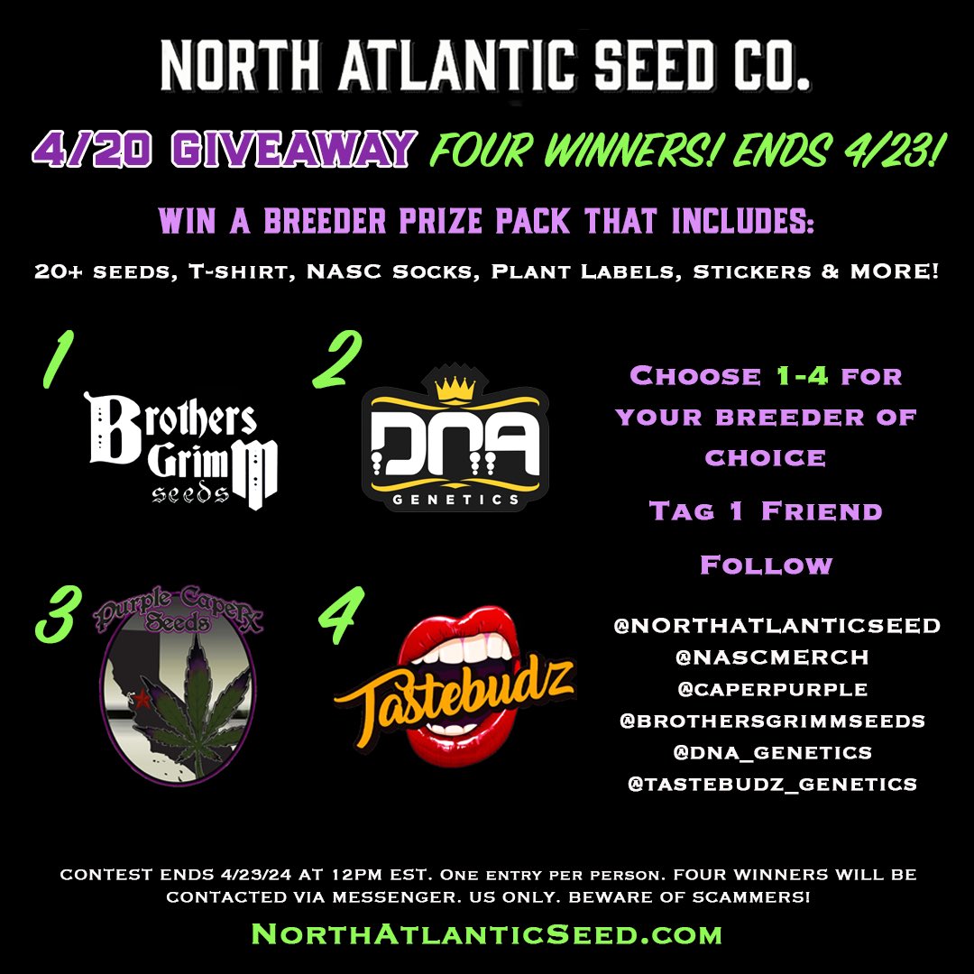 NASC 420 Giveaway🍃 FOUR WINNERS Will Receive a Breeder Prize Pack with 20+ Seeds & MORE! Rules: Choose 1-4 for your Breeder Prize Pack of Choice Tag 1 Friend Follow @TastebudzSeeds @BrothersGrimmOG @DNAGenetics @PurpleCaper Contest ends 4/23/24 at 12pm EST.