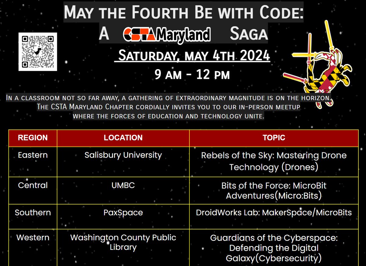 CstaMaryland's tweet photo. We invite you to the upcoming CSTA MD In-Person Meetup on May 4th, hosted by the Computer Science Teachers Association of Maryland. We are looking forward to an interactive and enriching session, and your participation would be greatly appreciated.  Registration link in comments. https://t.co/TbXOK7y2KG