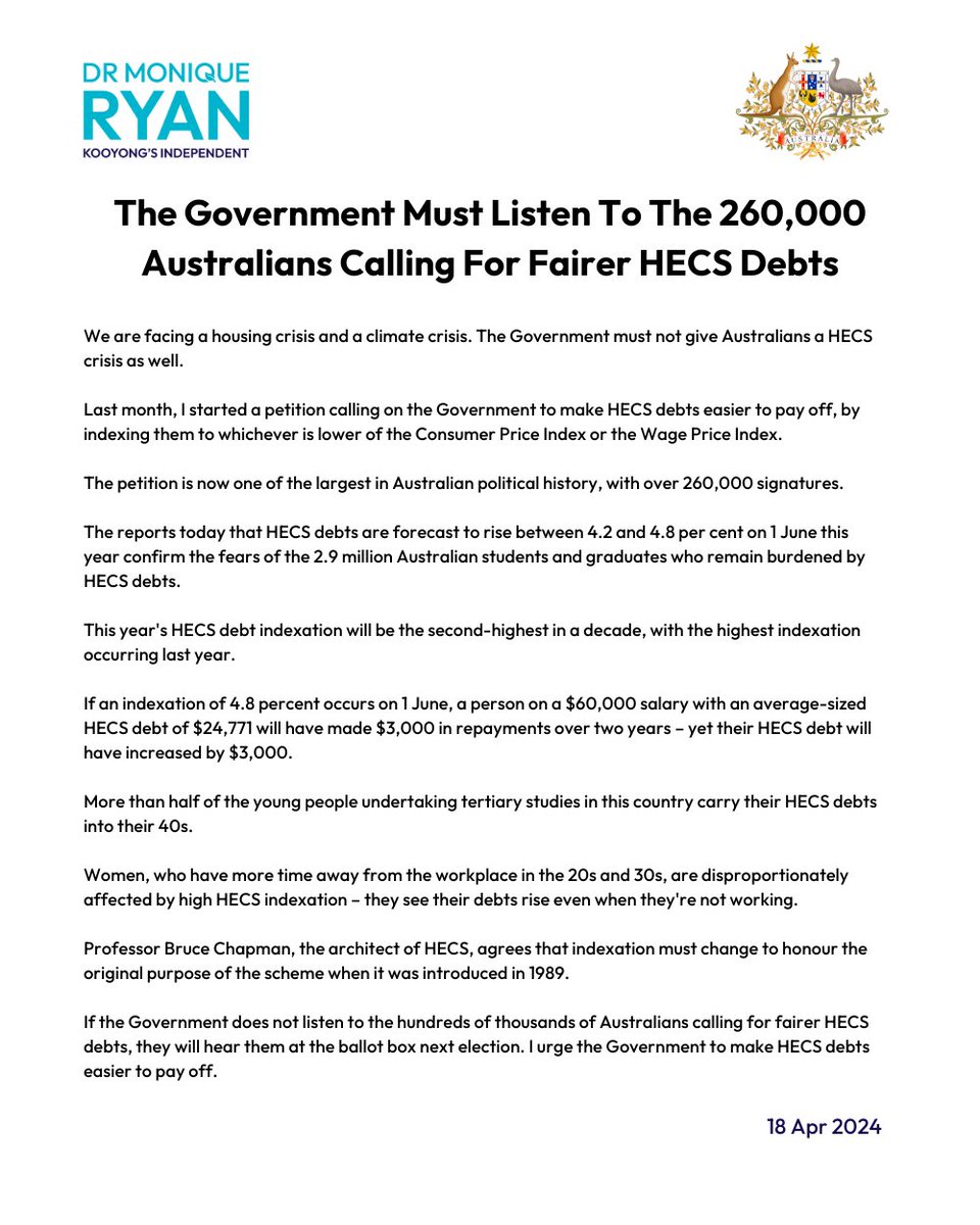 Mon4Kooyong's tweet photo. If the Government does not listen to the 260,000 Australians calling for fairer HECS debts, they will hear them at the ballot box next election. 

I urge the Government to make HECS debts easier to pay off. https://t.co/GnNsjGv3b5