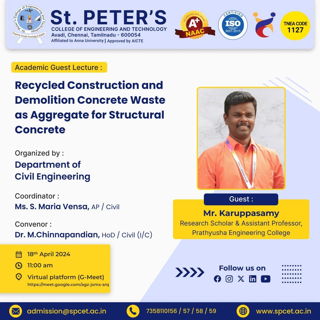 Building a Greener Tomorrow  Mr. Karuppasamy Research Scholar & Assistant Professor, Prathyusha Engineering College  Insights on Recycled Waste .Join us at St. Peter’s College!  

 #SustainableEngineering #StPetersEngineering #spcet #stpeters #bestenginerringcollege #bestcollege