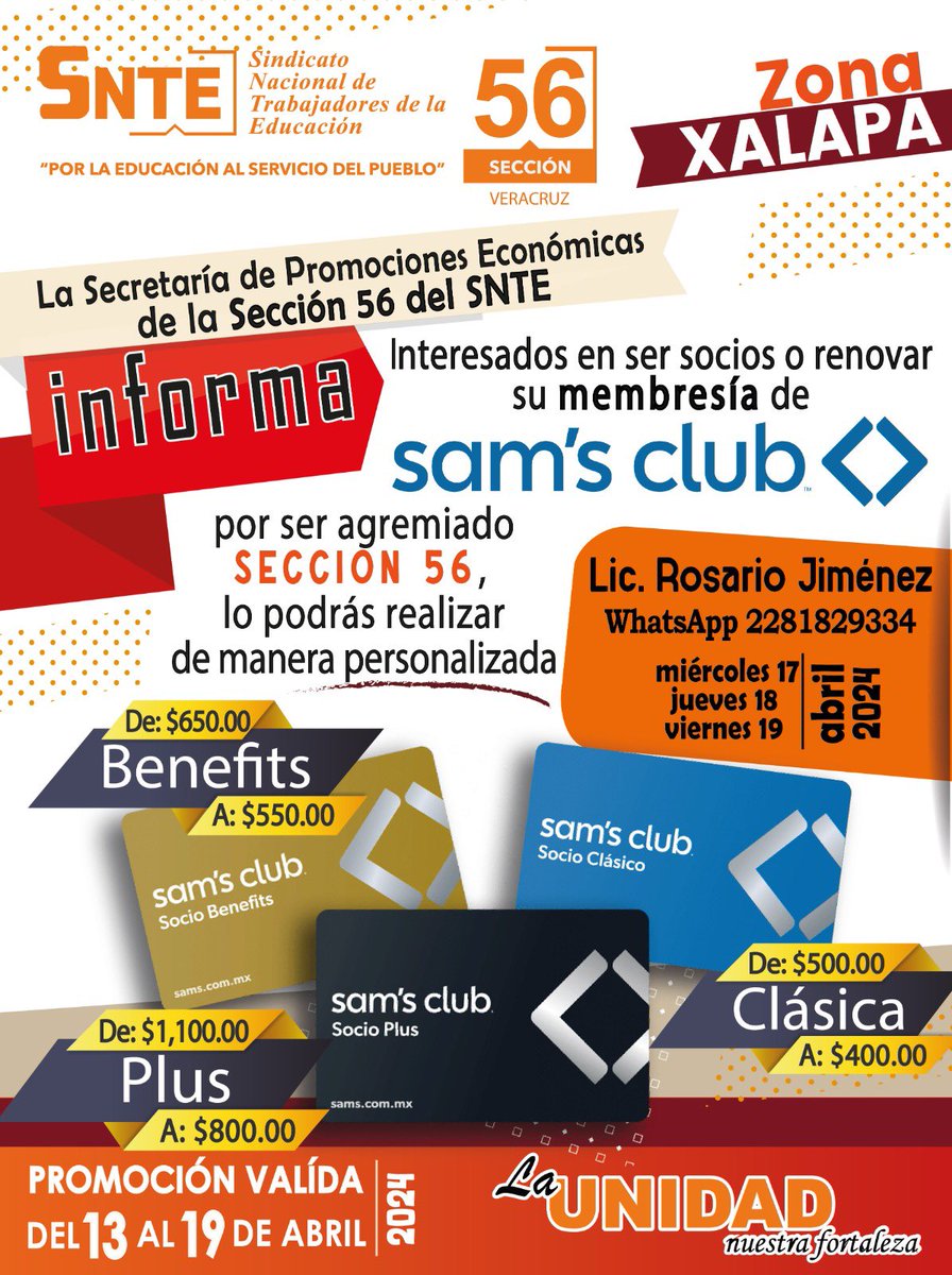 SNTE56Veracruz's tweet photo. 𝗖𝗢𝗠𝗨𝗡𝗜𝗖𝗔𝗗𝗢

#𝗦𝗡𝗧𝗘𝟱𝟲 𝗜𝗻𝗳𝗼𝗿𝗺𝗮 🟠
 Las promociones que 𝗦𝗔𝗠’𝗦 𝗖𝗹𝘂𝗯 otorga a todos los agremiados al 𝙎𝙉𝙏𝙀 𝟱𝟲, al renovar los diferentes tipos de membresías.
Promoción válida del 13 al 19 de abril de 2024.

#𝟴𝟬𝗔𝗻𝗶𝘃𝗲𝗿𝘀𝗮𝗿𝗶𝗼𝗦𝗡𝗧𝗘 🌟 https://t.co/vVjl6WKYYJ