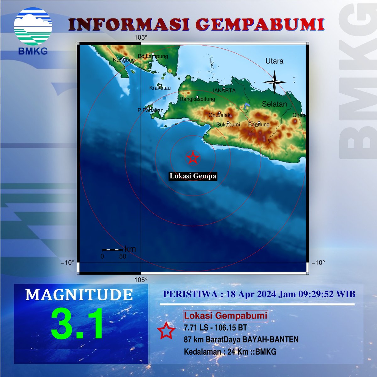 Info Gempa Mag:3.1, 18-Apr-24 09:29:52 WIB, Lok:7.71 LS - 106.15 BT (87 km BaratDaya BAYAH-BANTEN), Kedlmn: 24 Km ::BMKG