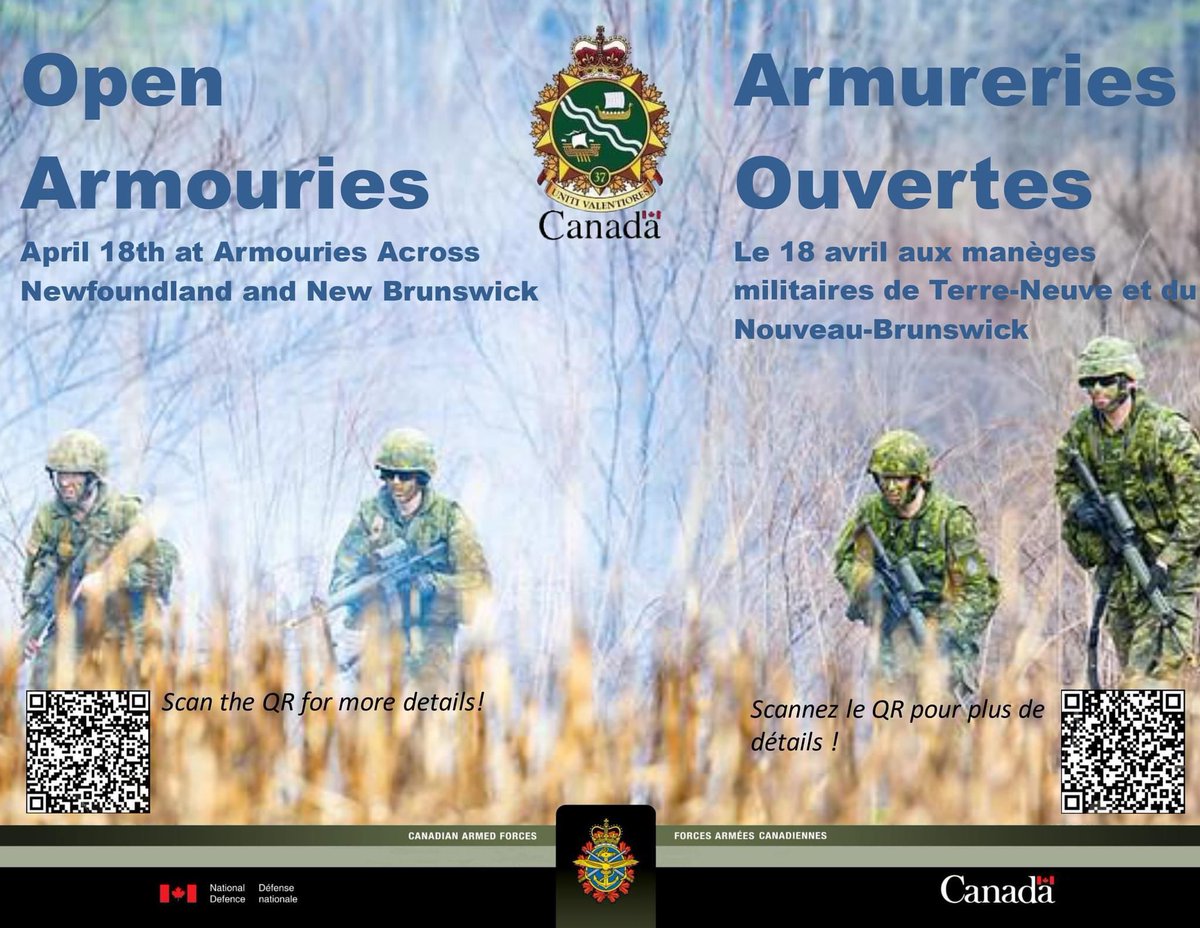 Join The Royal NFLD Regiment! 🇨🇦Canadian Army Reserve armouries across NL are opening their doors to potential recruits on Thursday, April 18 at 7 PM. Details: canada.ca/en/army/corpor…