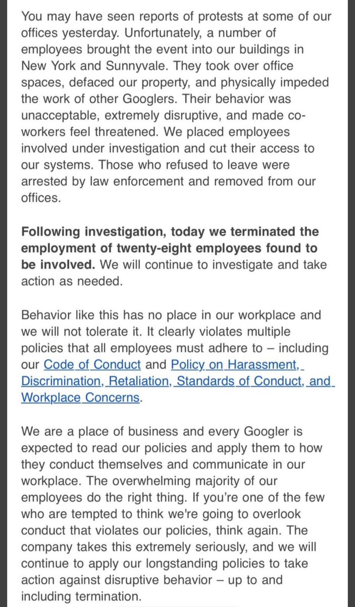 UPDATE: Google fired 28 of the protesting employees, according to a company wide memo by Google VP of global security Chris Rackow. “If you’re one of the few who are tempted to think we’re going to overlook conduct that violates our policies, think again.”