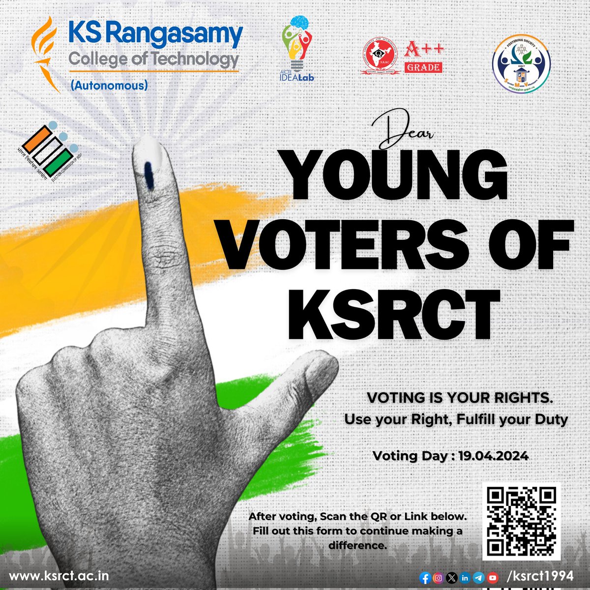 Service Motto Volunteers (SMV) of #ksrct1994 is propagating the #awareness on the importance of exercising #democraticright of #voting among #youth.

All youth and first time #voters are urged to cast their #vote on April 19, 2024, Friday.