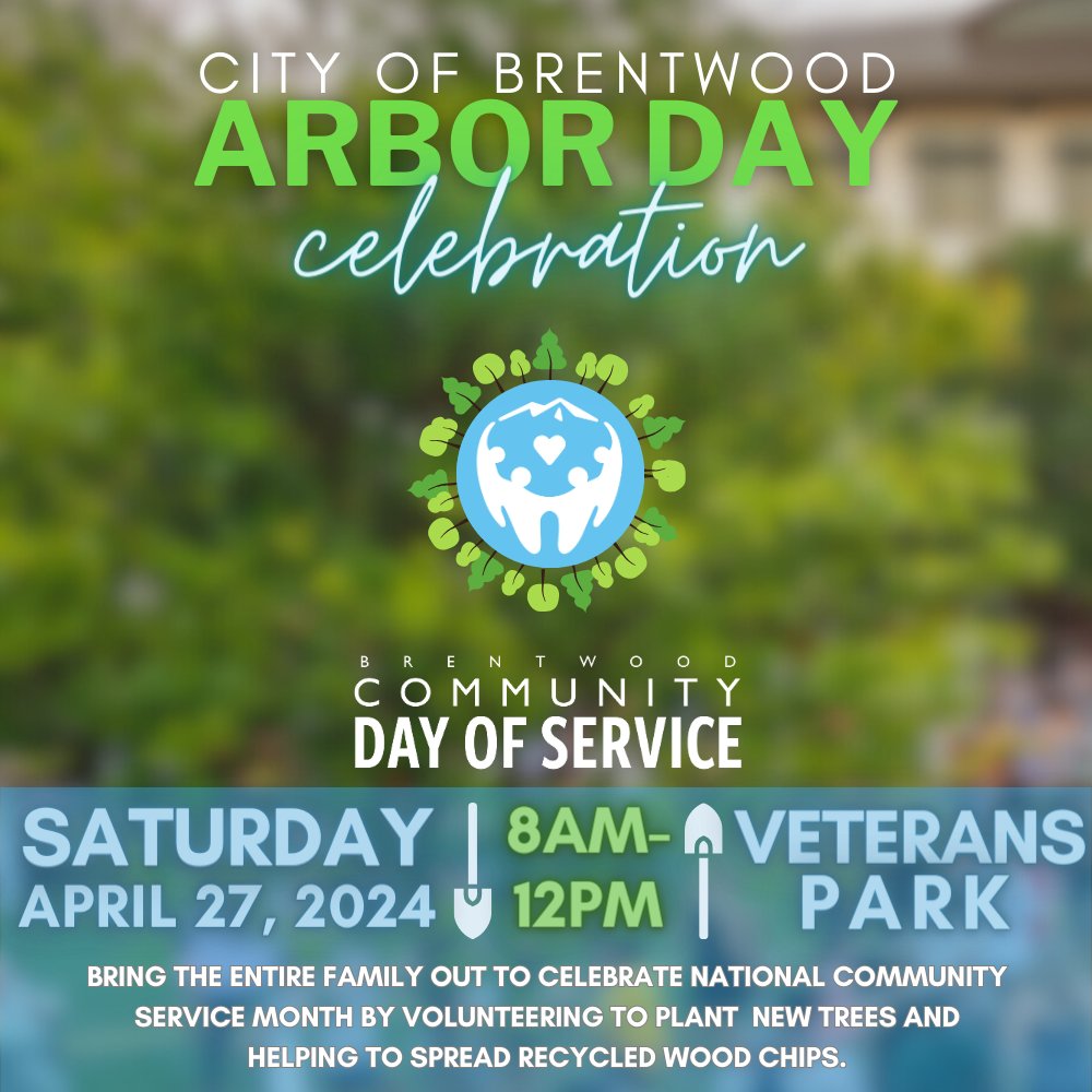 We are celebrating #ArborDay this year during the Brentwood Community Day of Service. Volunteers are invited to plant new trees and spread recycled wood chips at Veterans Park. Register at brentwoodca.gov/dayofservice and select 'Arbor Day Tree Planing' as your project.