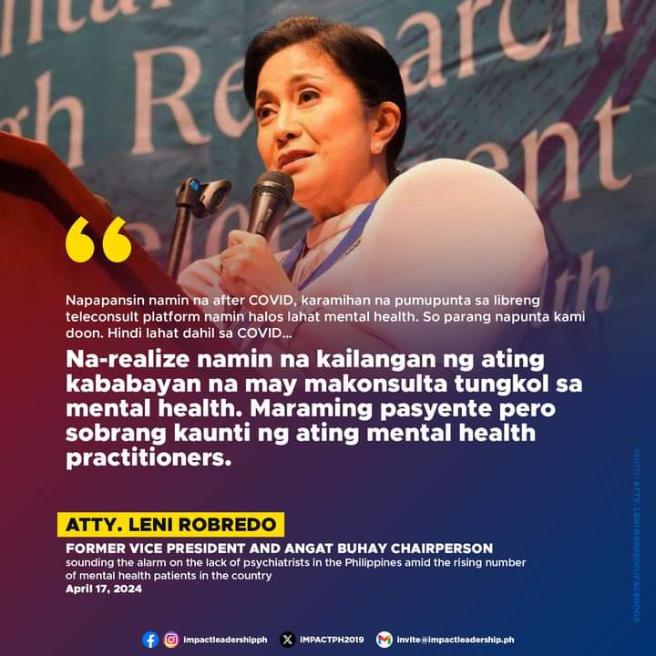 iMPACTPH2019's tweet photo. LENI RAISES CONCERNS ABOUT SHORTAGE OF PSYCHIATRISTS IN PH

Former Vice President Leni Robredo raises concerns about the shortage of psychiatrists in the Philippines amidst the increasing number of mental health patients in the country. https://t.co/eJumAMrs23