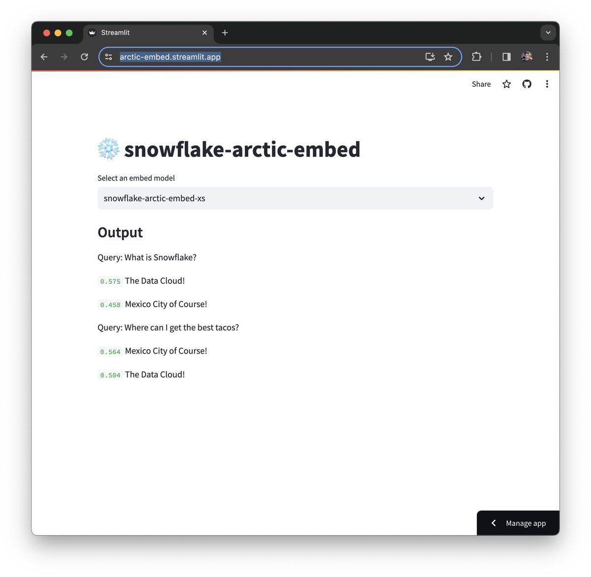 Yesterday, @SnowflakeDB had launched a family of embed models called snowflake-artic-embed for retrieval use cases. Check out this @streamlit demo app that allows you to try out these models hosted on @huggingface 🕹️ Try the demo app arctic-embed.streamlit.app 🐙 Code repo