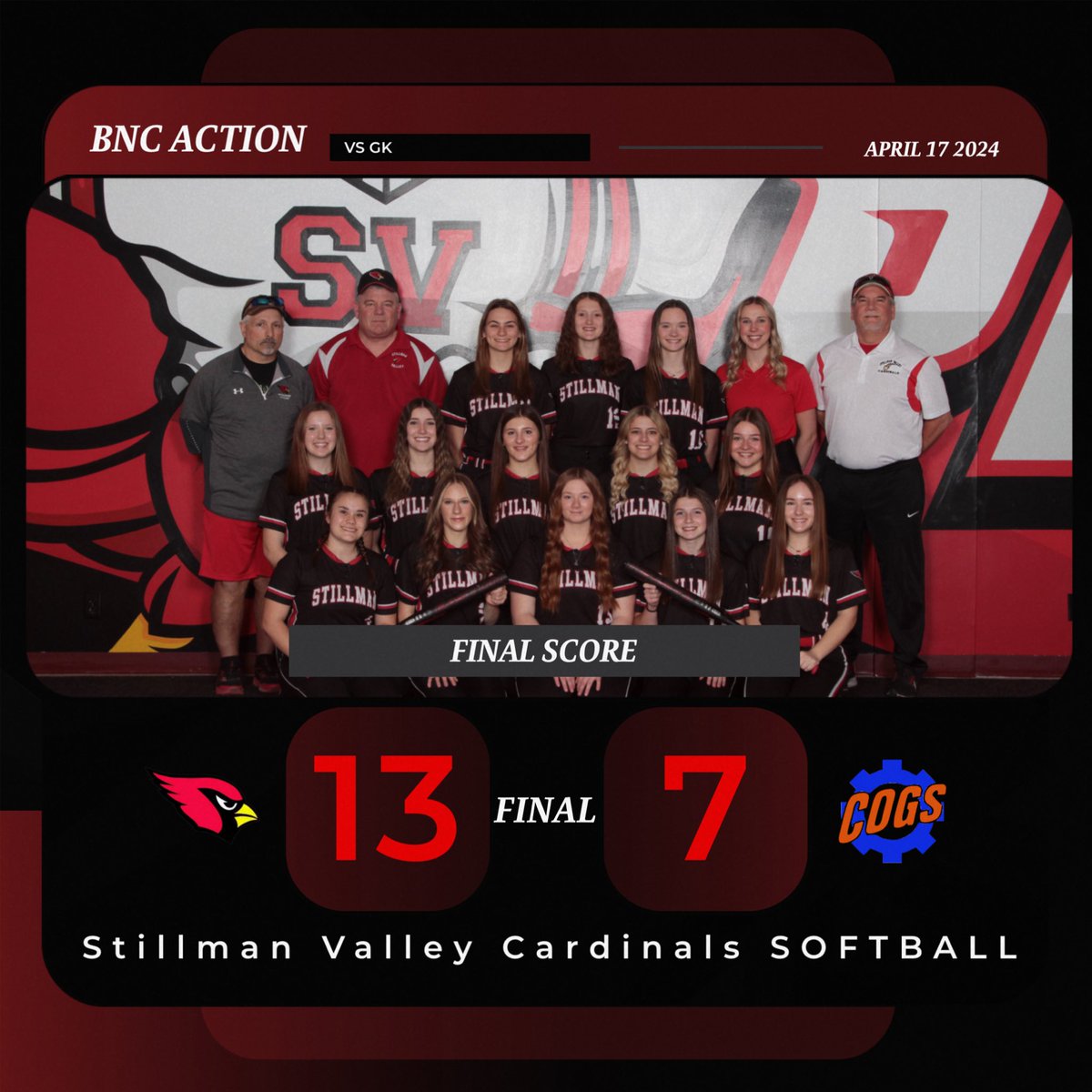 Softball takes out conference opponent Genoa-Kingston 13-7! The ladies are now 13-6 for the year! JV also wins 22-0, improving to 11-1 for the season! #MCUSD223 #LetsFly #GoCardinals