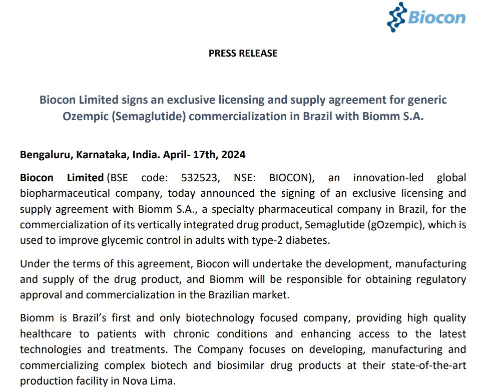 #Biocon signs an exclusive licensing and supply agreement for generic Ozempic (Semaglutide) commercialization in Brazil with Biomm S.A.