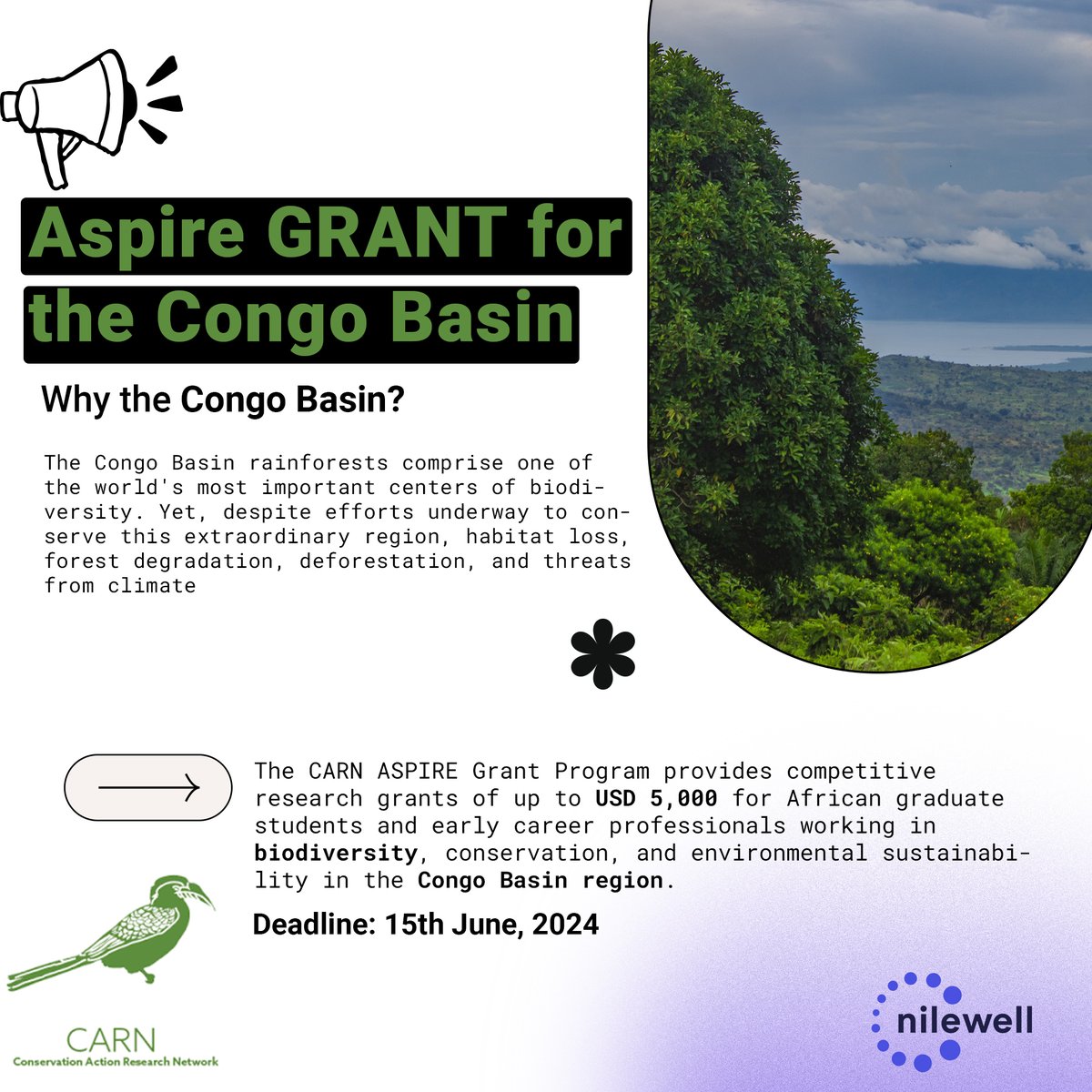 CALL FOR APPLICATIONS📢 Attention young African researchers and conservationists! Apply for the CARN ASPIRE Grant Program today. Get up to USD 5,000 to fund your research project focusing on biodiversity and conservation in the Congo Basin region🌳 More↪️nilewell.org/node/826